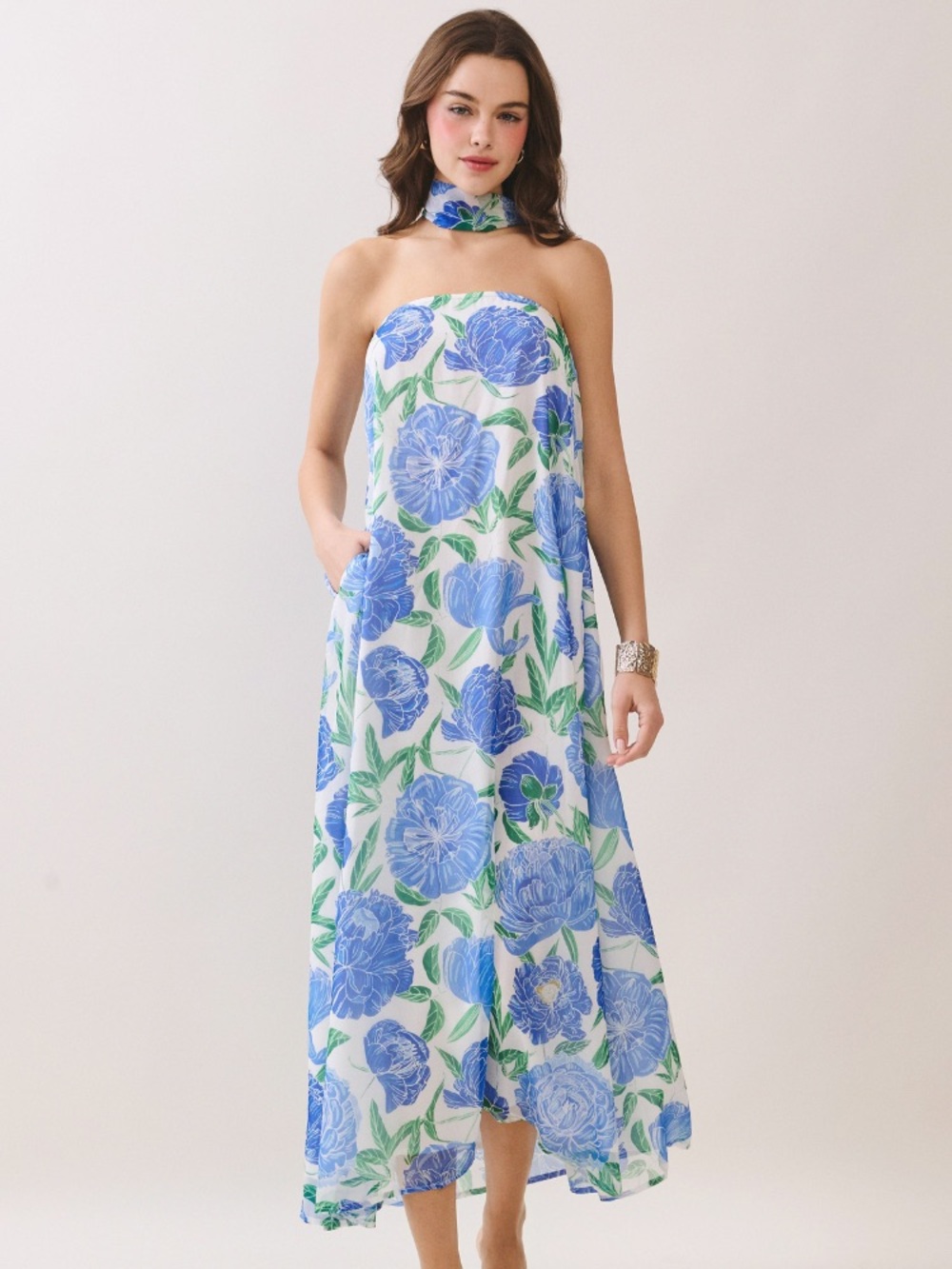 Blue Floral Strapless Maxi Dress with Scarf Accent